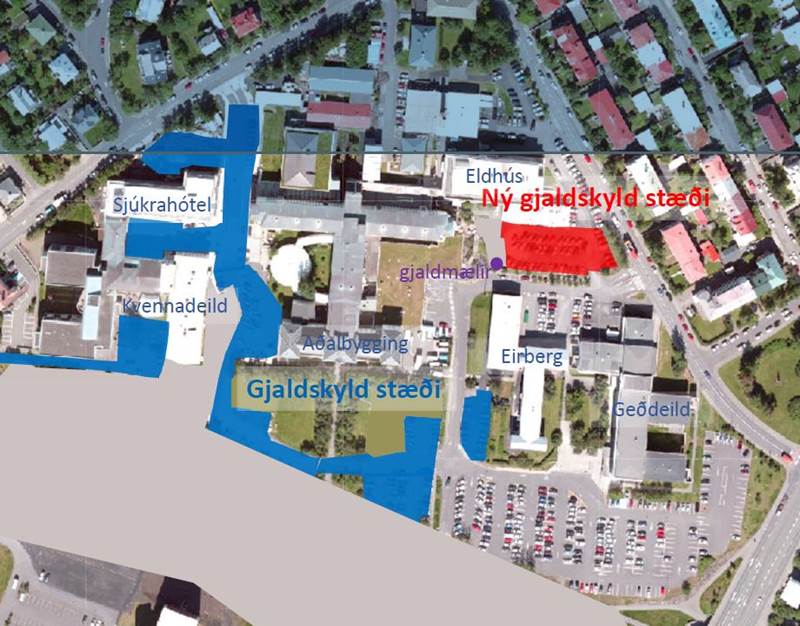 Gjaldskylda á stæðum sunnan rannsóknar- og eldhússbyggingar frá 15. ágúst